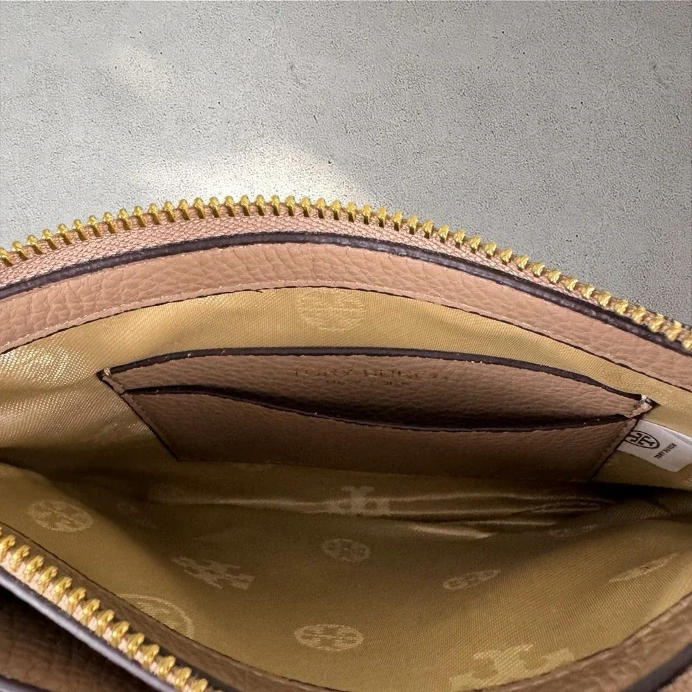 Tory Burch Perry Bombe Double Zip Brown Leather Crossbody Purse Bag